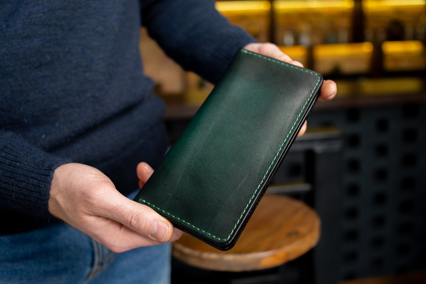 Personalized Long leather wallet, Full grain leather Leather Green wallet , Wallet for Her or Him