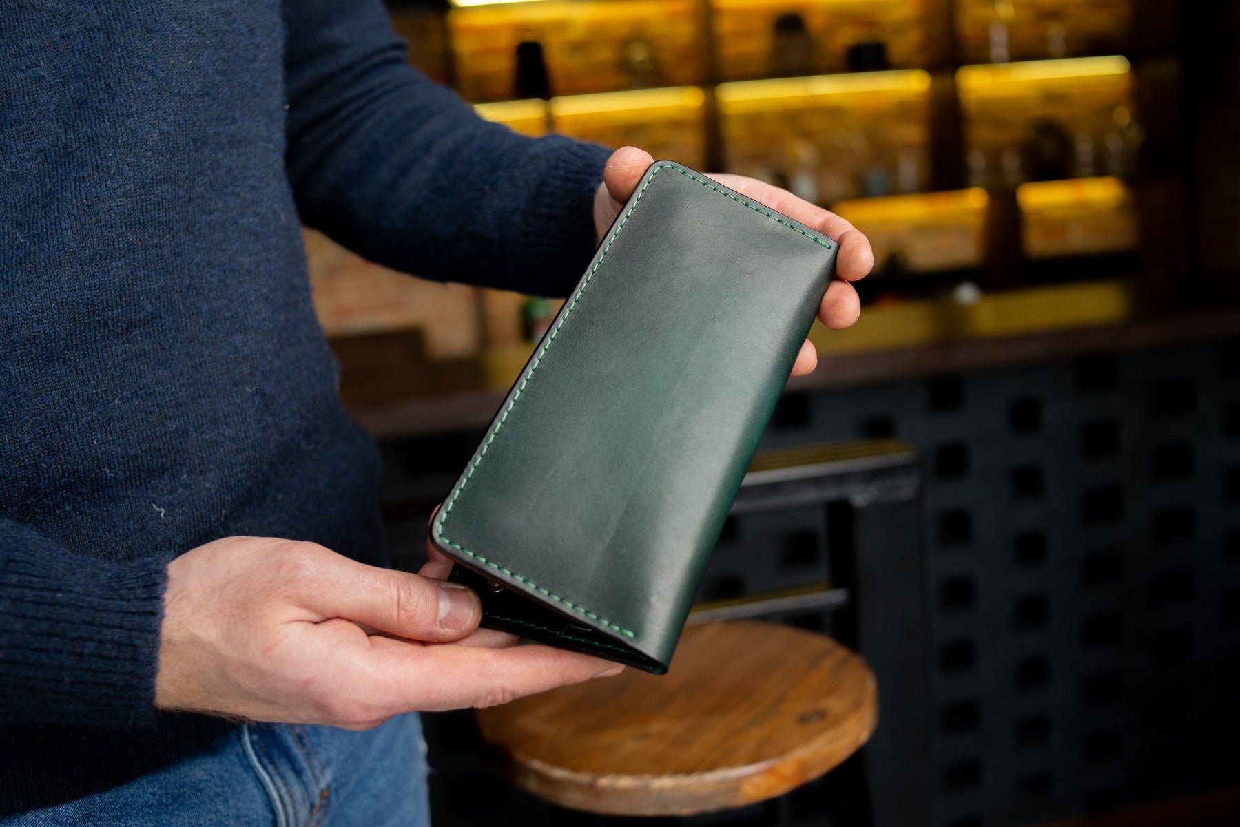 Personalized Long leather wallet, Full grain leather Leather Green wallet , Wallet for Her or Him