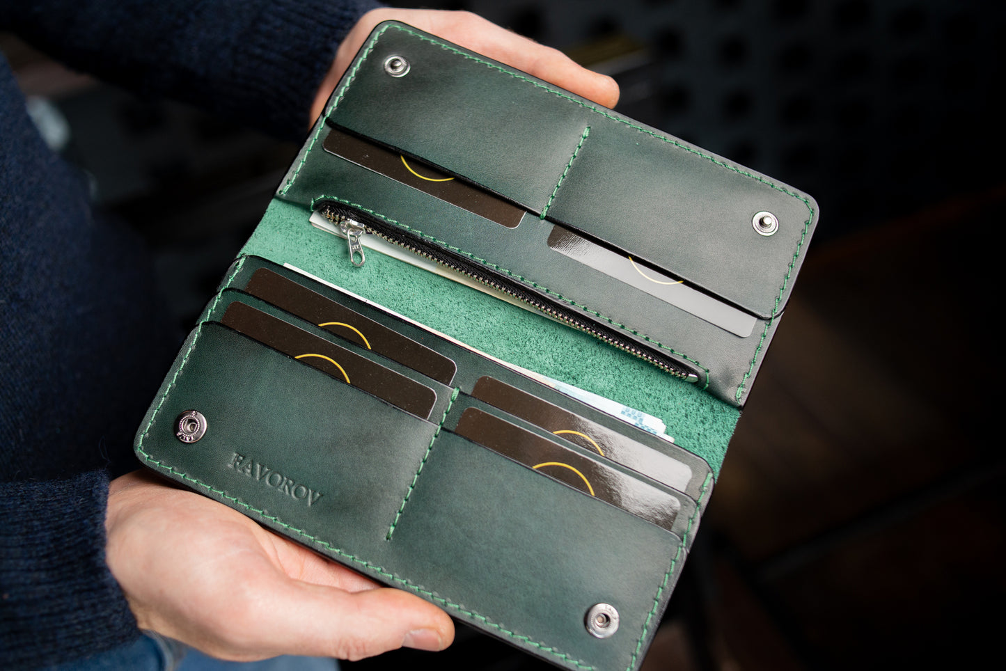 Personalized Long leather wallet, Full grain leather Leather Green wallet , Wallet for Her or Him