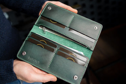 Personalized Long leather wallet, Full grain leather Leather Green wallet , Wallet for Her or Him