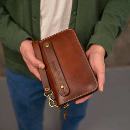 Brown Leather Clutch, Full Grain Leather Clutch, Brown men's leather wallet, Zipped wallet, Wrist Bag, Men's purse