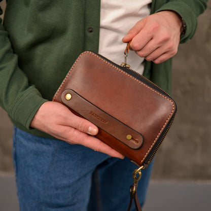 Brown Leather Clutch, Full Grain Leather Clutch, Brown men's leather wallet, Zipped wallet, Wrist Bag, Men's purse