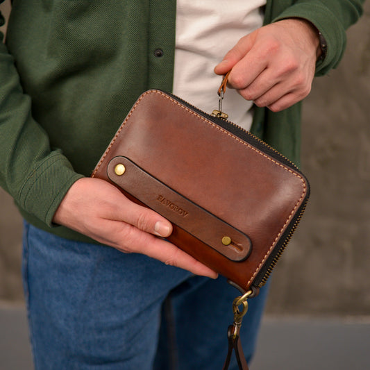 Brown Leather Clutch, Full Grain Leather Clutch, Brown men's leather wallet, Zipped wallet, Wrist Bag, Men's purse