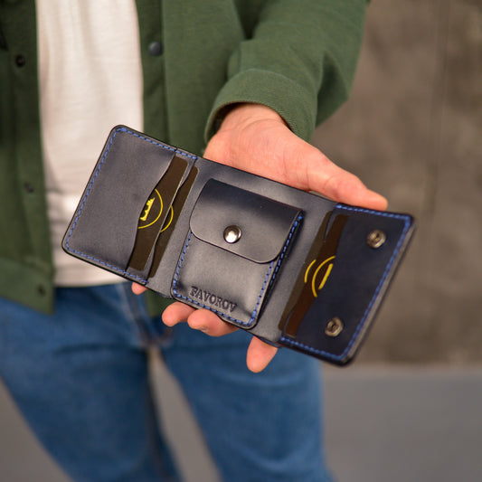 Blue Trifold Leather Wallet, Vintage Look Wallet