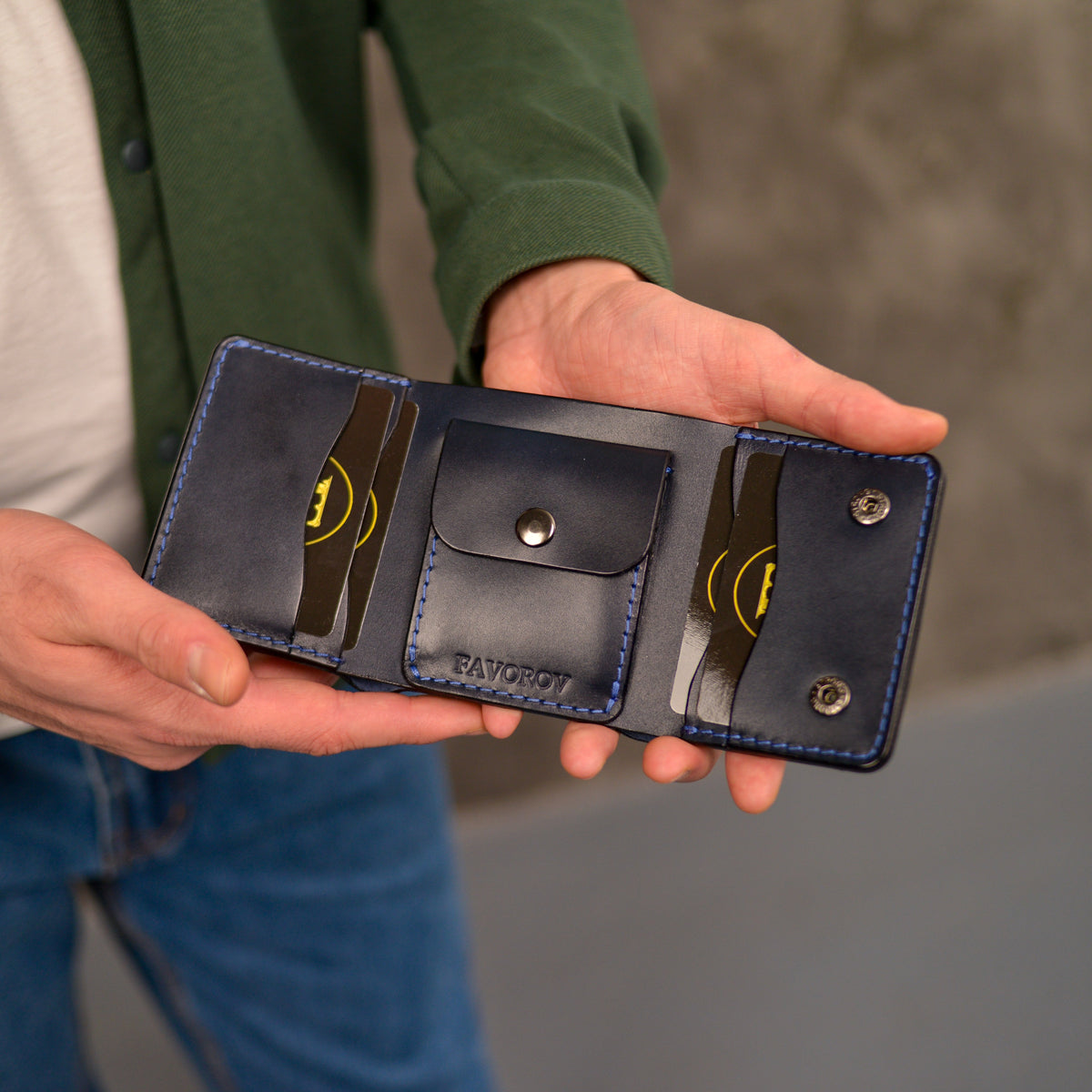 Blue Trifold Leather Wallet, Vintage Look Wallet