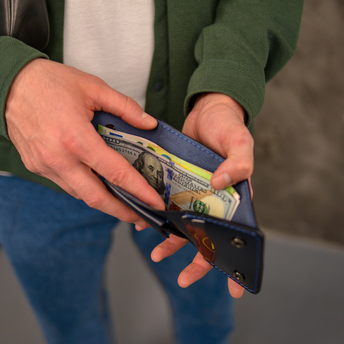Blue Trifold Leather Wallet, Vintage Look Wallet