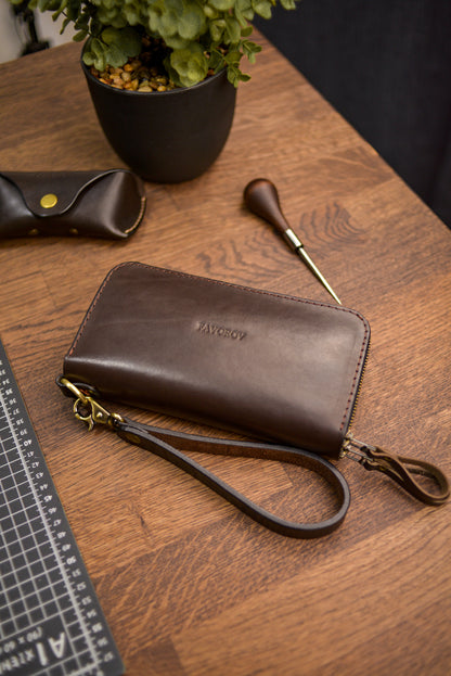 Personalized Leather Clutch, Full Grain Leather Clutch, Cognac men's leather wallet, Double Zipped wallet 