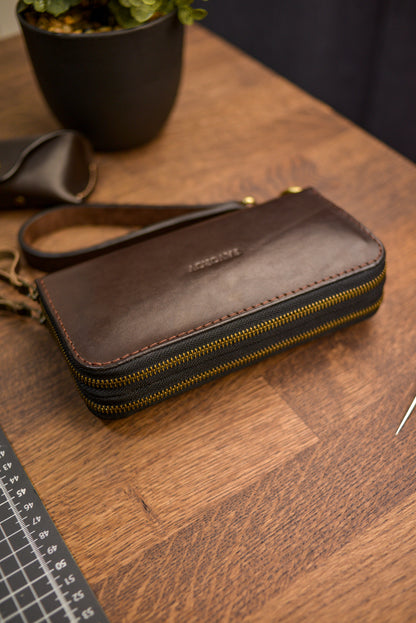Personalized Leather Clutch, Full Grain Leather Clutch, Cognac men's leather wallet, Double Zipped wallet 