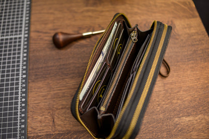 Personalized Leather Clutch, Full Grain Leather Clutch, Cognac men's leather wallet, Double Zipped wallet 