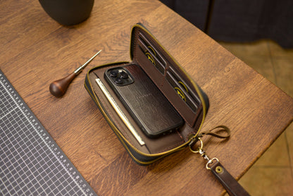 Personalized Leather Clutch, Full Grain Leather Clutch, Cognac men's leather wallet, Double Zipped wallet 