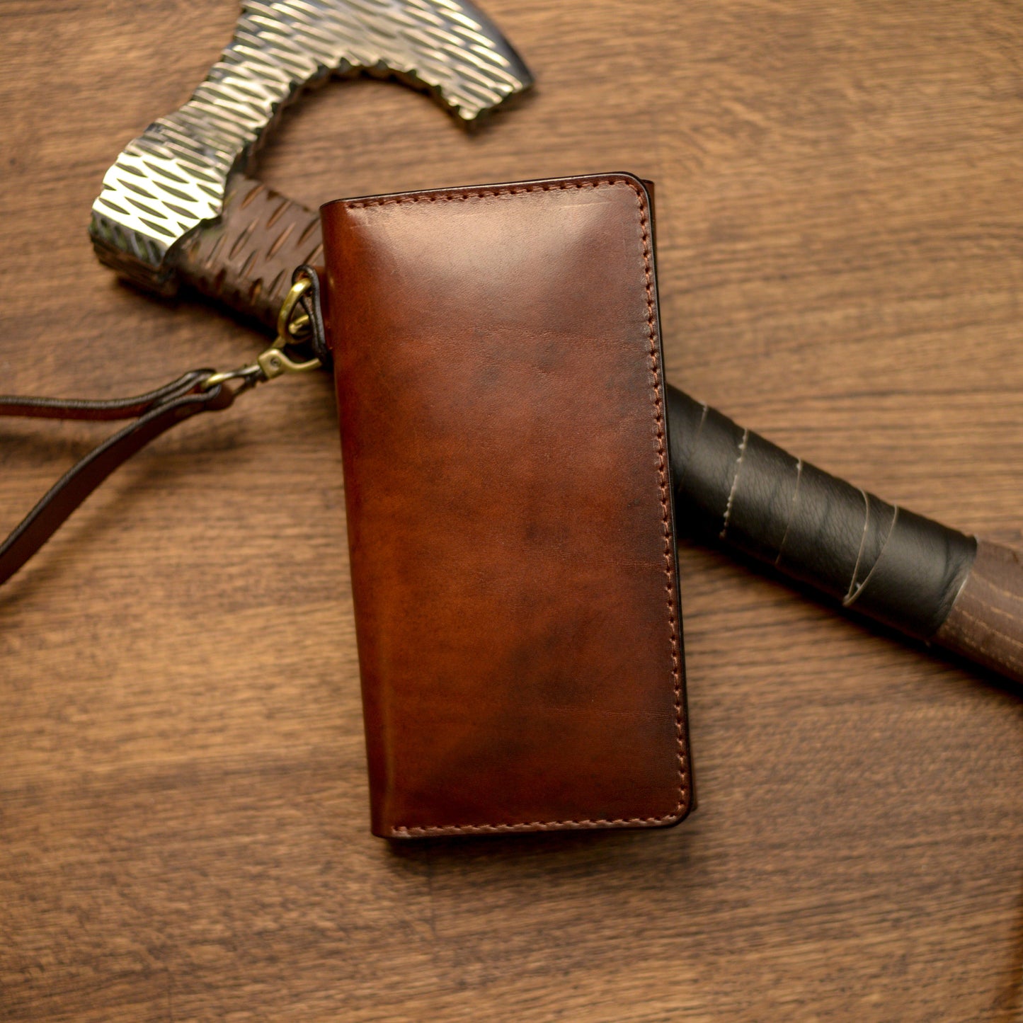 Cognac Long leather wallet, Full grain leather Leather Black wallet , Wallet for Her or Him