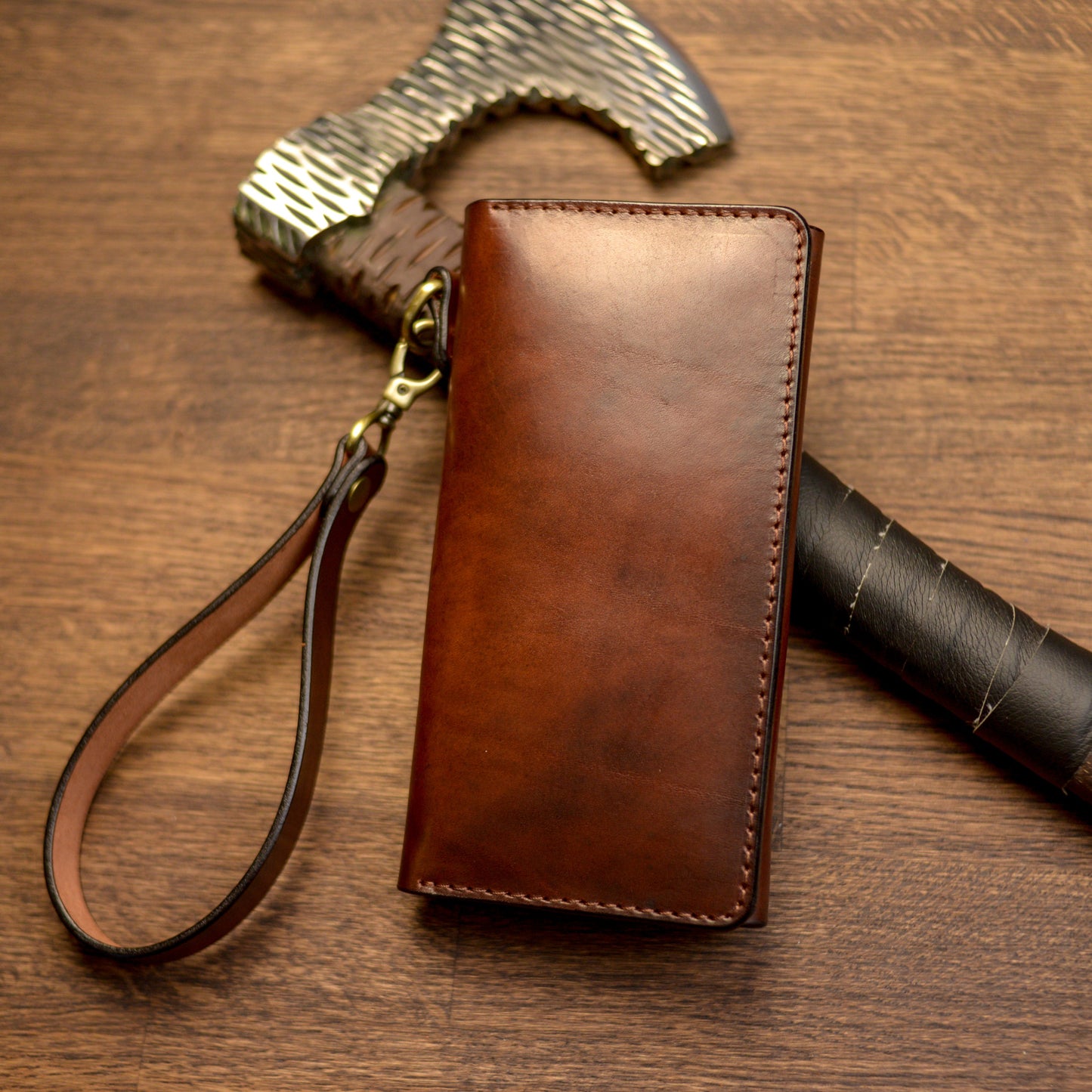 Cognac Long leather wallet, Full grain leather Leather Black wallet , Wallet for Her or Him