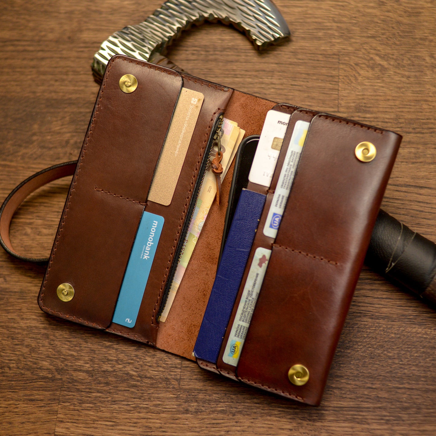 Cognac Long leather wallet, Full grain leather Leather Black wallet , Wallet for Her or Him