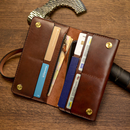 Cognac Long leather wallet, Full grain leather Leather Black wallet , Wallet for Her or Him