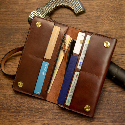 Cognac Long leather wallet, Full grain leather Leather Black wallet , Wallet for Her or Him