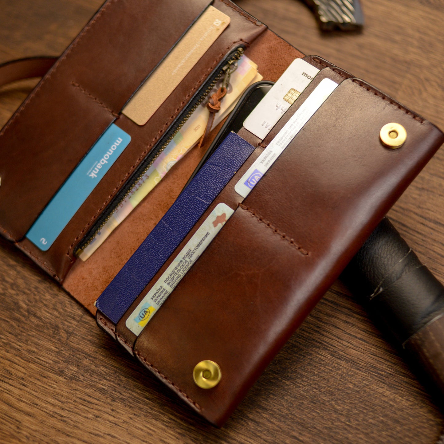 Cognac Long leather wallet, Full grain leather Leather Black wallet , Wallet for Her or Him