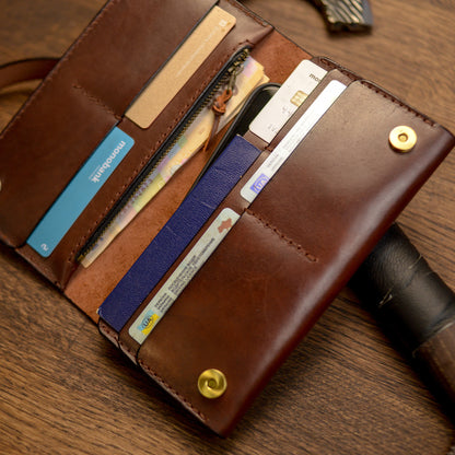 Cognac Long leather wallet, Full grain leather Leather Black wallet , Wallet for Her or Him