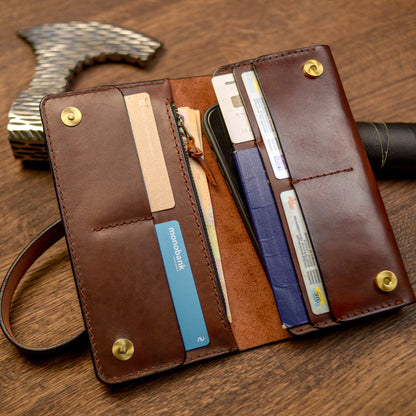 Cognac Long leather wallet, Full grain leather Leather Black wallet , Wallet for Her or Him