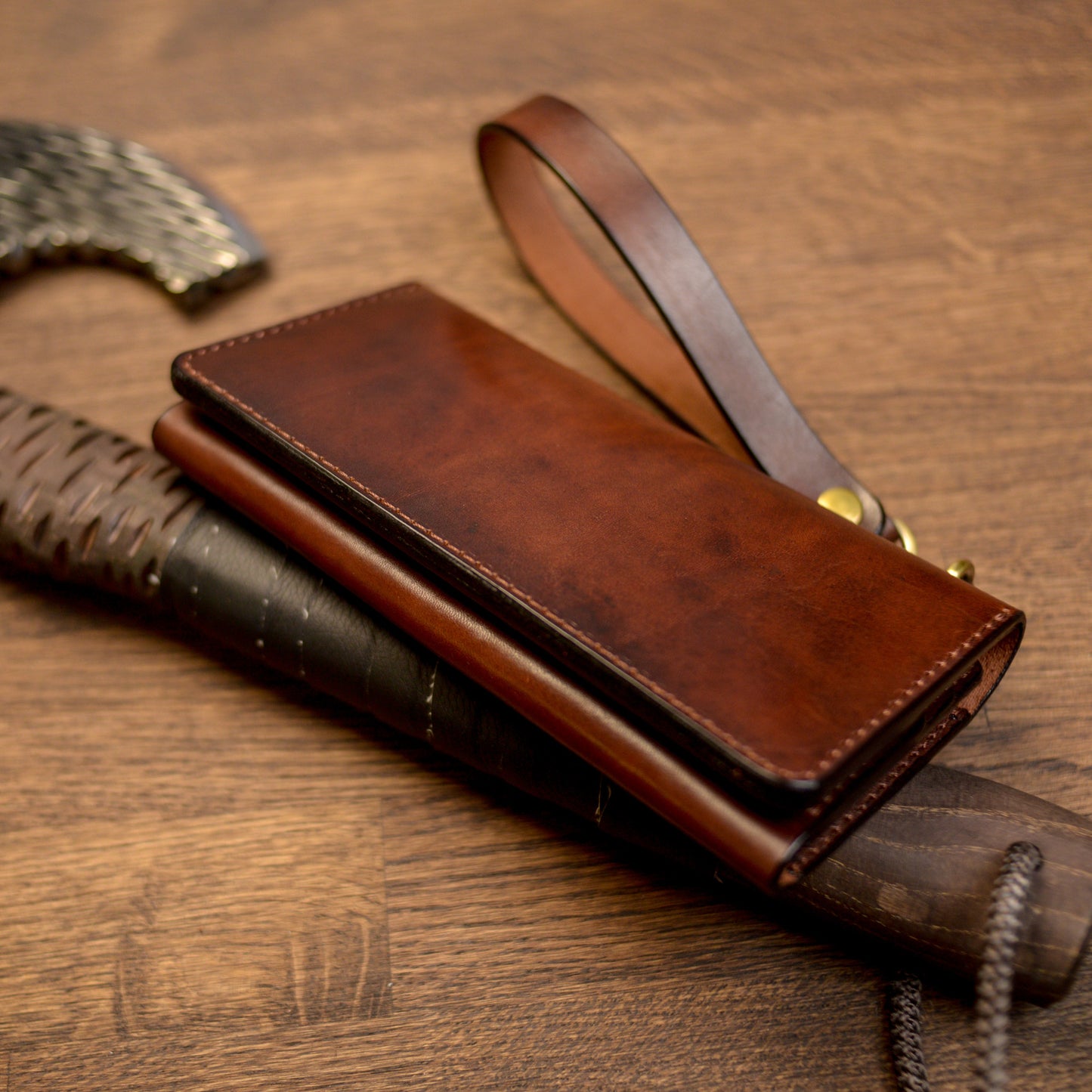 Cognac Long leather wallet, Full grain leather Leather Black wallet , Wallet for Her or Him
