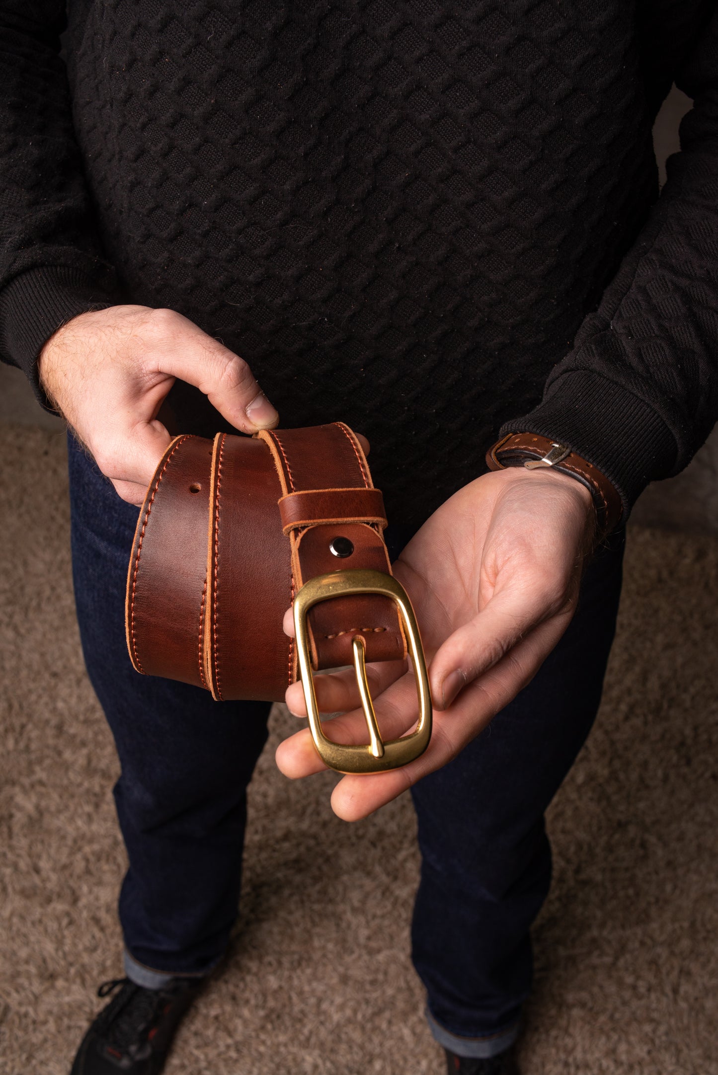 Classic Cognac Casual leather belt HANDCRAFTED with brass buckle