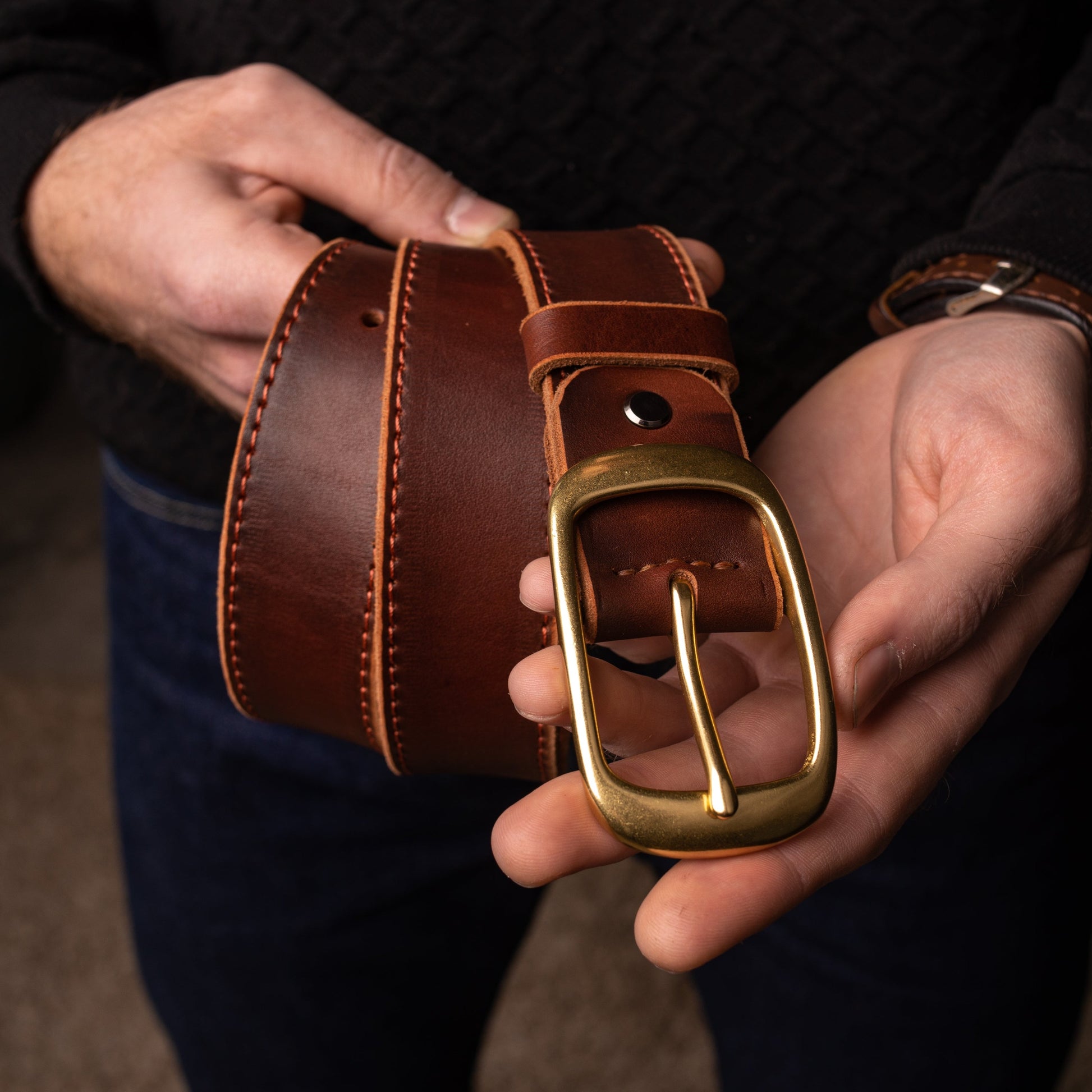 Classic Cognac Casual leather belt HANDCRAFTED with brass buckle