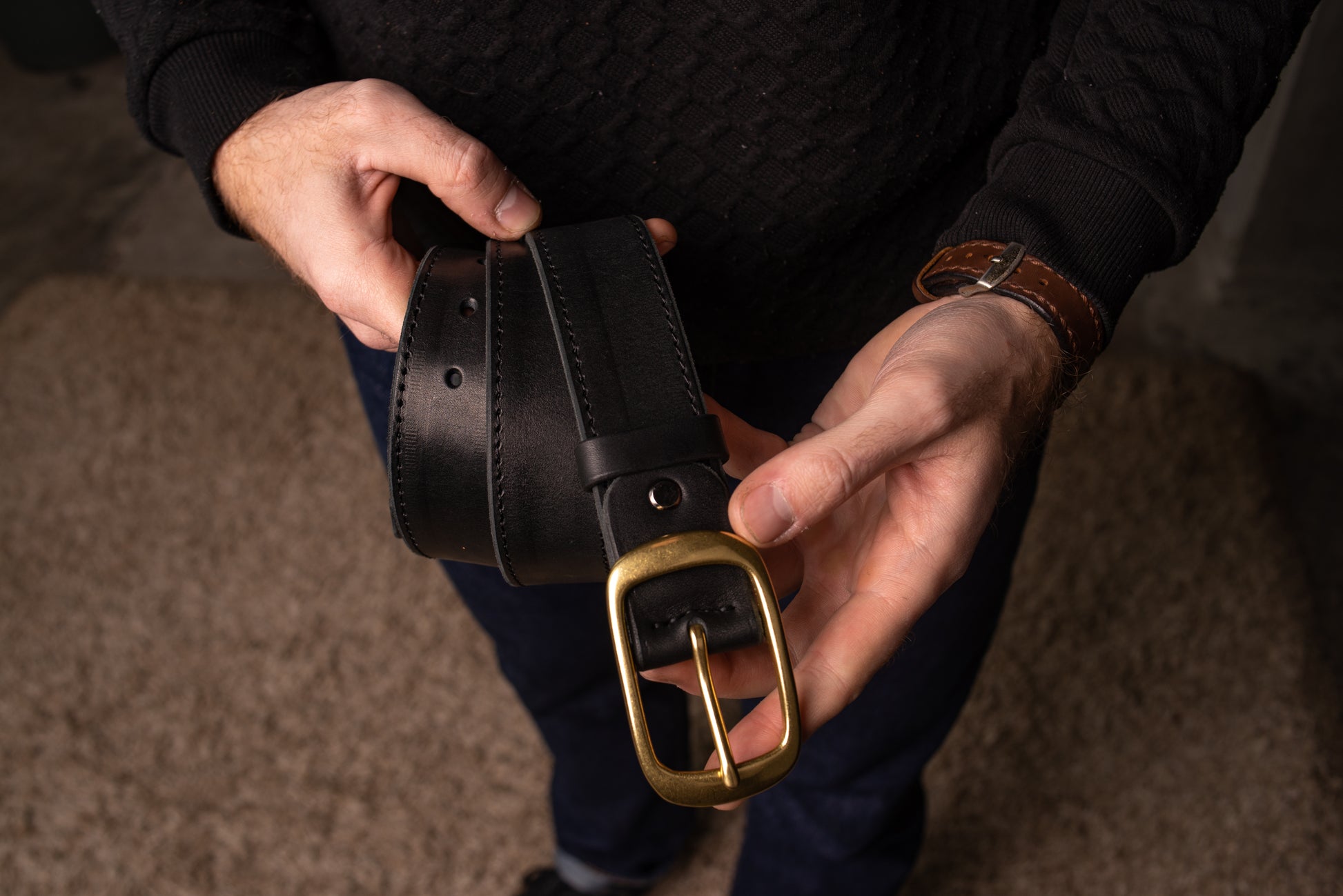 Black Leather Belt with Antique Brass Buckle, Vintage Snap Belt