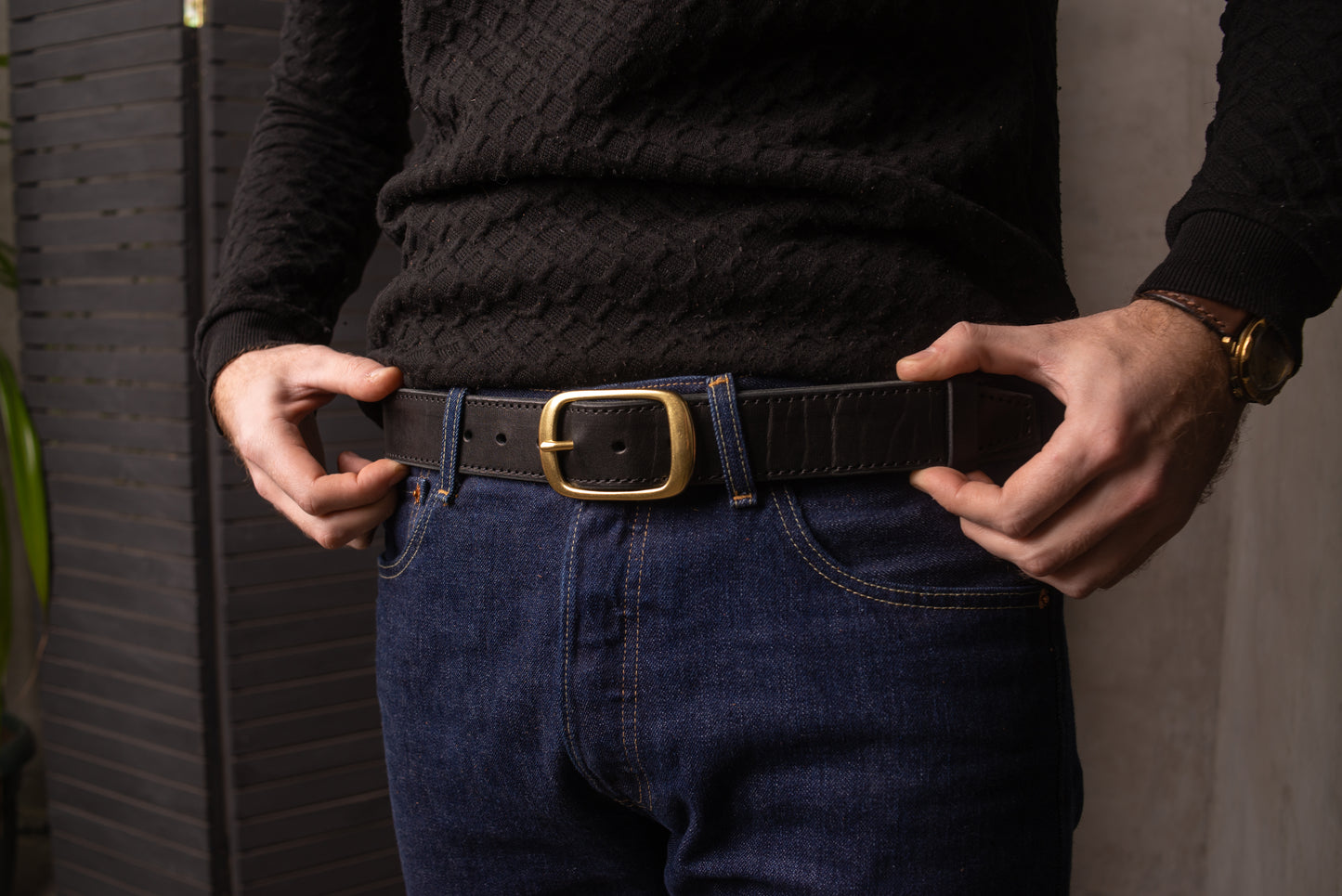 Black Leather Belt with Antique Brass Buckle, Vintage Snap Belt