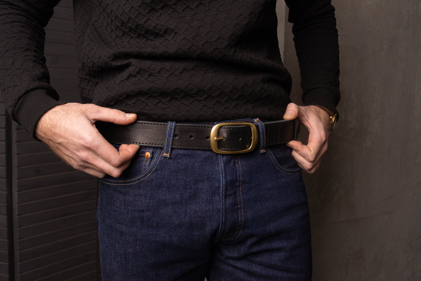 Black Leather Belt with Antique Brass Buckle, Vintage Snap Belt