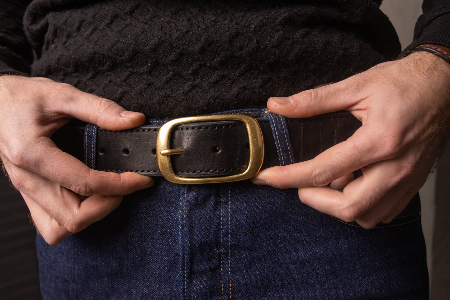 Black Leather Belt with Antique Brass Buckle, Vintage Snap Belt