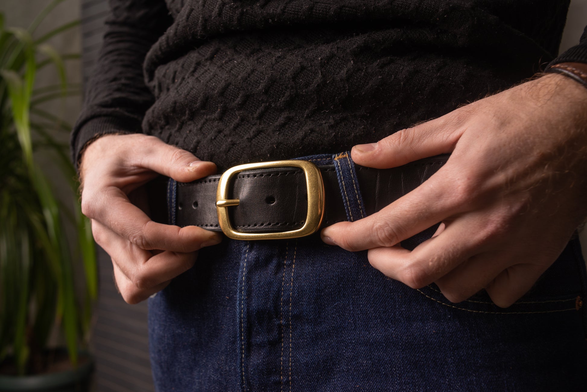 Black Leather Belt with Antique Brass Buckle, Vintage Snap Belt