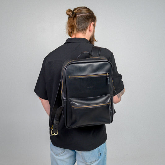 Handmade Black Full Grain Leather Laptop Backpack, Minimalist Rucksack