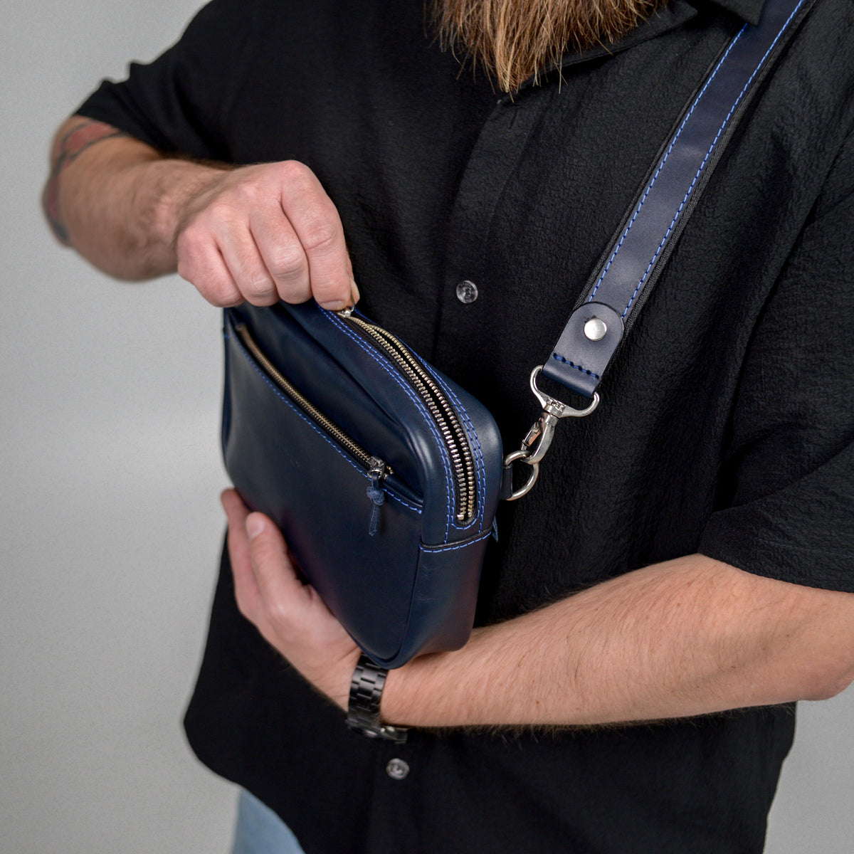 Blue shoulder bag, leather belt bag, men’s leather bag, belt bag, waist bag, crossbody bag
