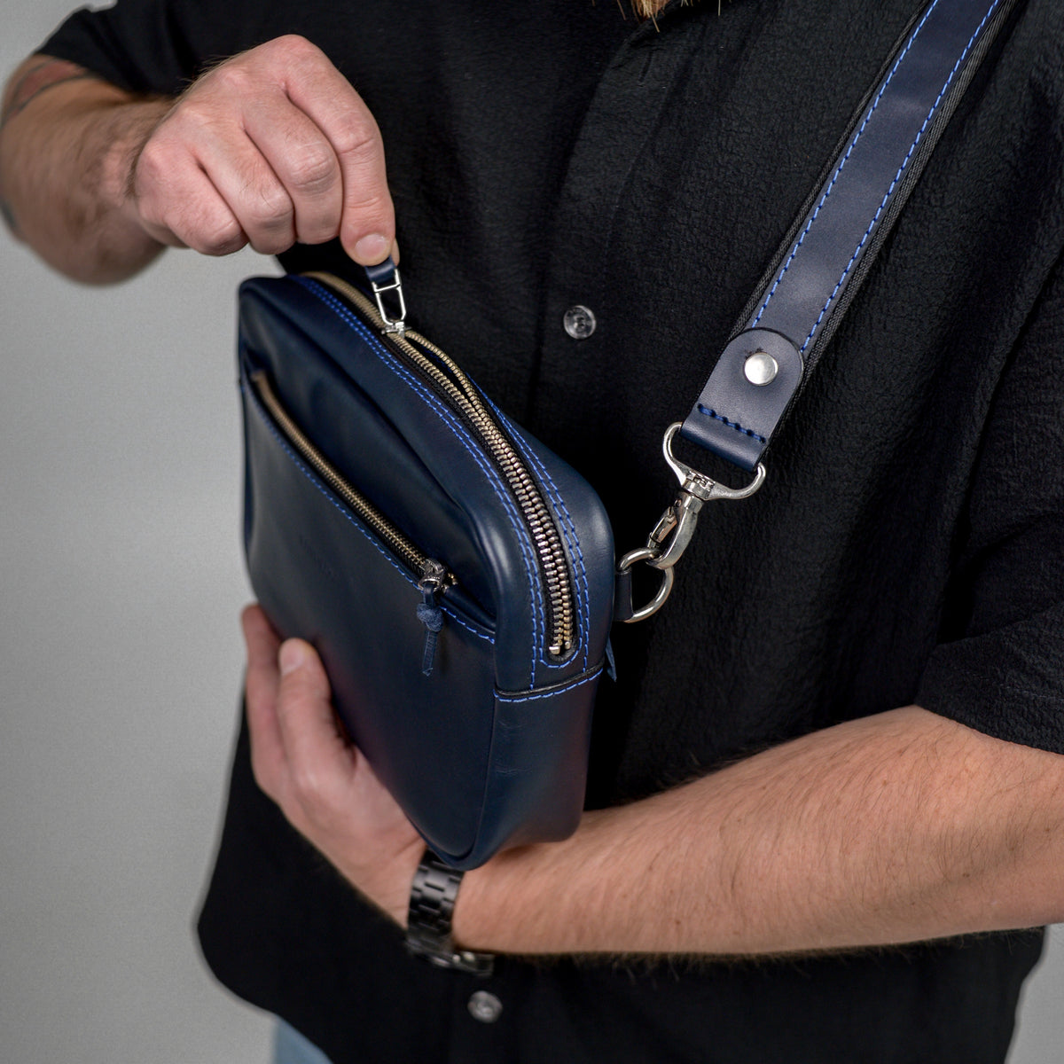 Blue shoulder bag, leather belt bag, men’s leather bag, belt bag, waist bag, crossbody bag