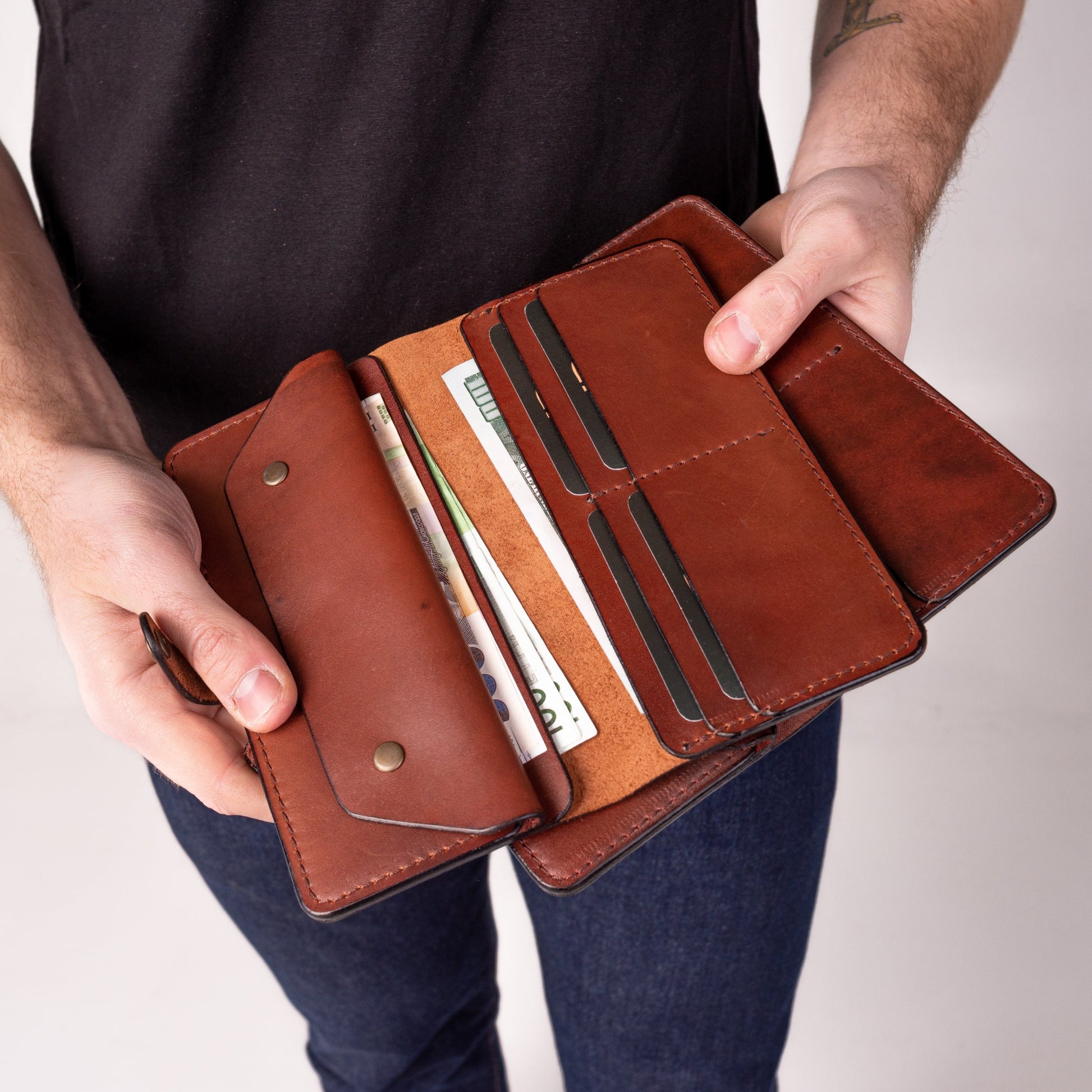 Long brown leather wallet for banknotes for him or her