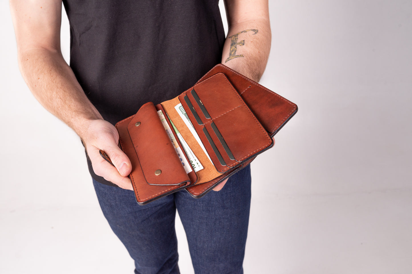 Long brown leather wallet for banknotes for him or her