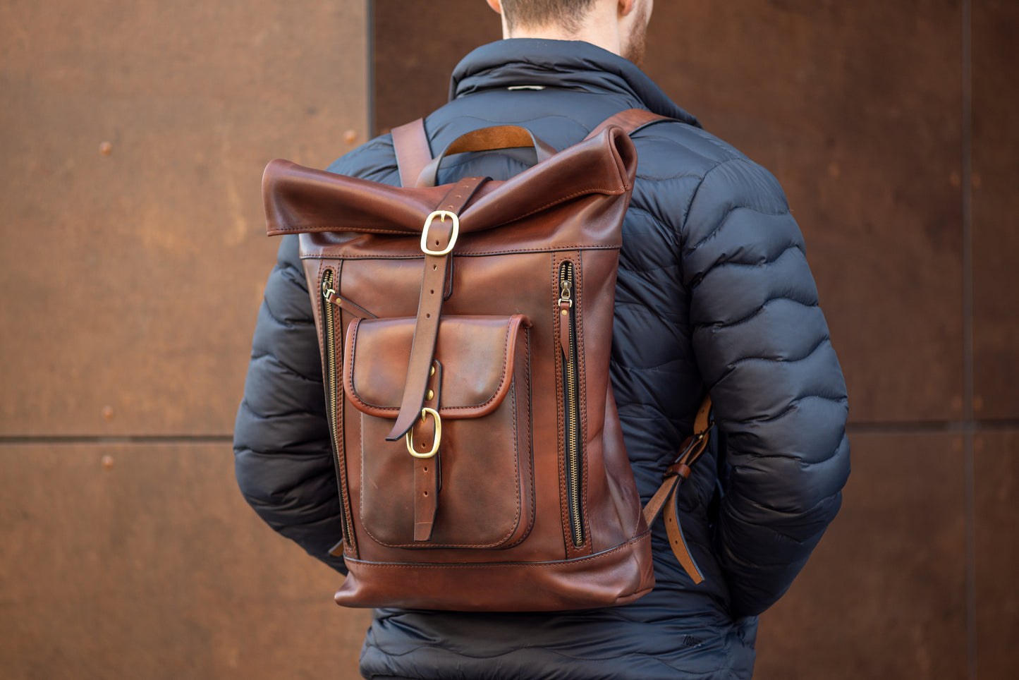 Leather brown Roll Top Backpack, Large men's Backpacks