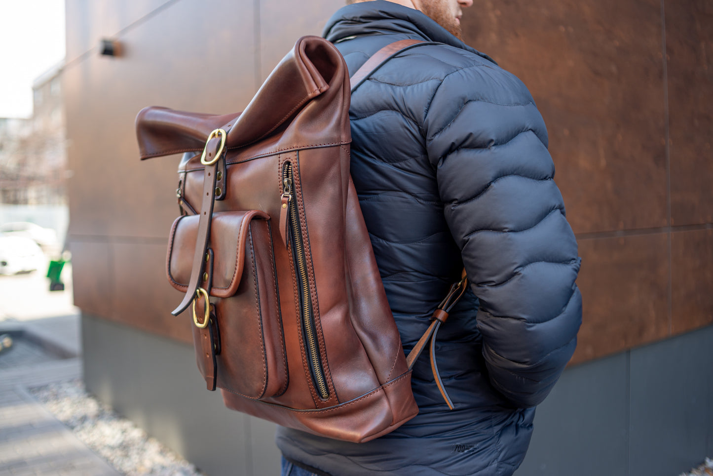 Leather brown Roll Top Backpack, Large men's Backpacks