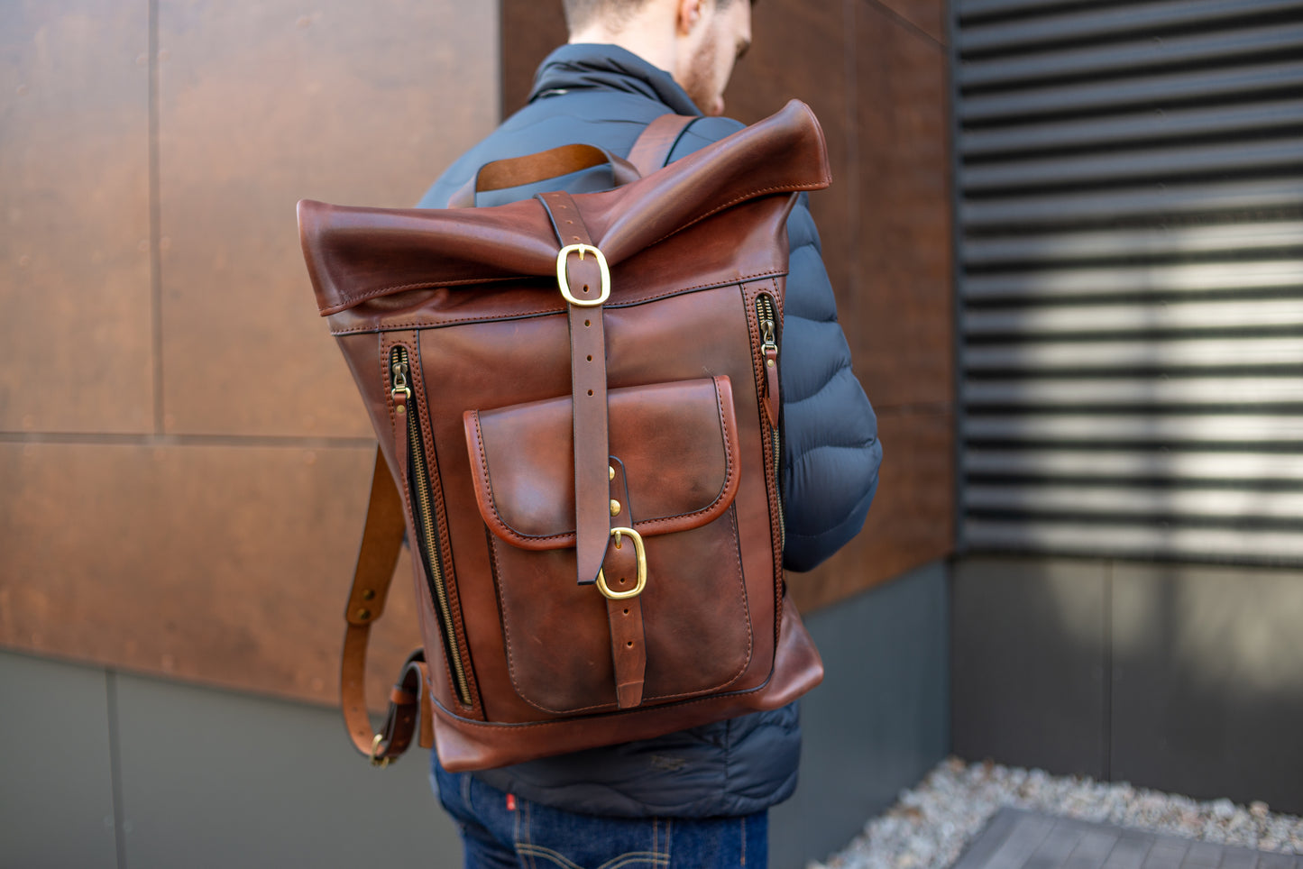 Leather brown Roll Top Backpack, Large men's Backpacks