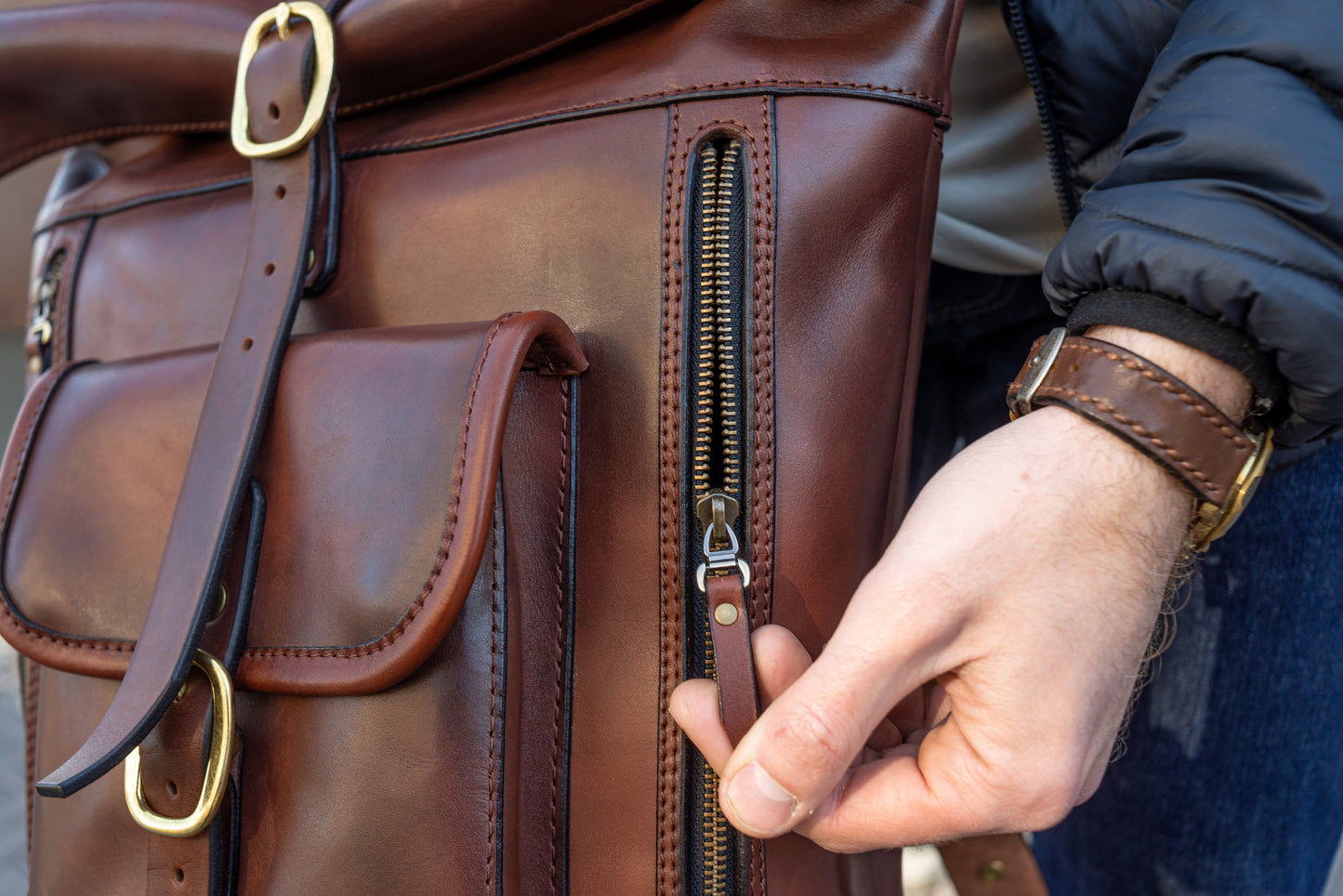 Leather brown Roll Top Backpack, Large men's Backpacks