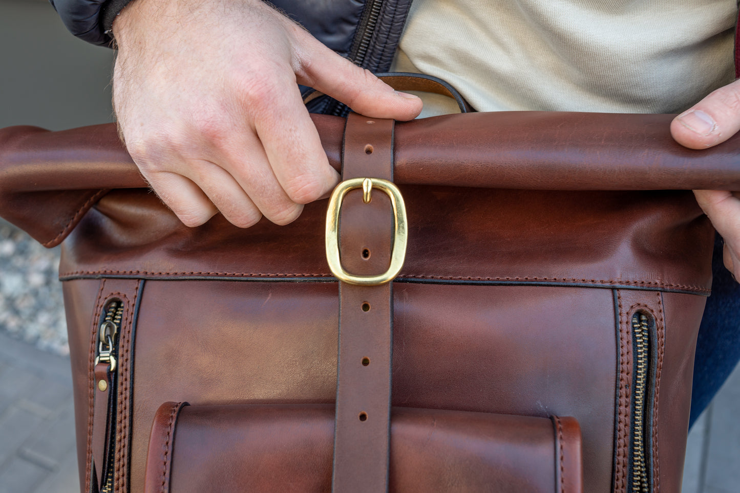 Leather brown Roll Top Backpack, Large men's Backpacks