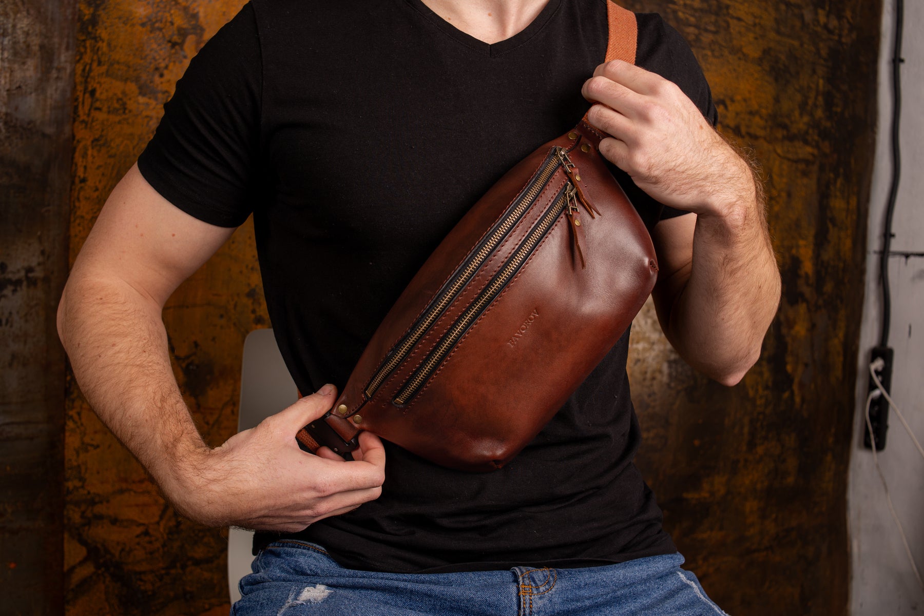 Personalized men shoulder bag, Brown leather belt bag, men’s leather bag, waist bag