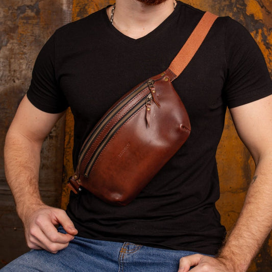 Personalized men shoulder bag, Brown leather belt bag, men’s leather bag, waist bag