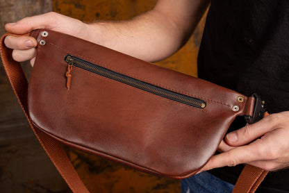 Personalized men shoulder bag, Brown leather belt bag, men’s leather bag, waist bag