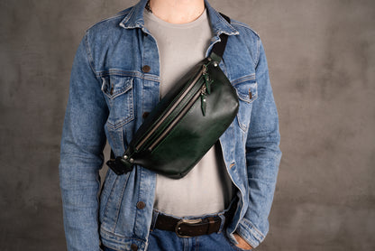 Men shoulder bag, Green leather belt bag, men’s leather bag, waist bag, crossbody bag, fanny bag, full grain leather bag