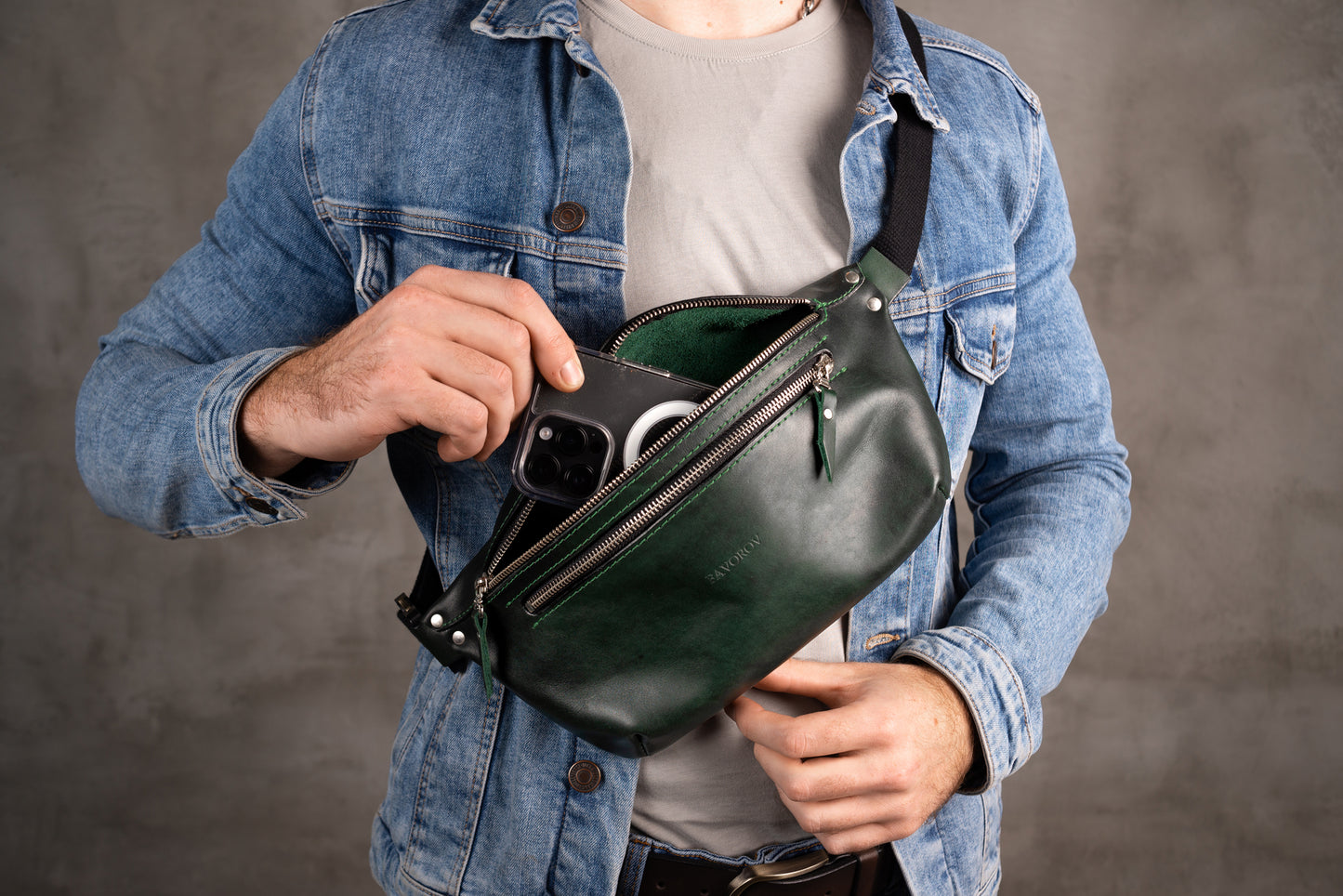 Personalized men shoulder bag, Green leather belt bag, men’s leather bag, waist bag, crossbody bag, fanny bag