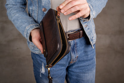 Personalized Leather Clutch, Full Grain Leather Clutch, Brown men's leather wallet, Zipped wallet, Wrist Bag, Men's purse, Father's gift 