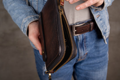 Personalized Leather Clutch, Full Grain Leather Clutch, Brown men's leather wallet, Zipped wallet, Wrist Bag, Men's purse, Father's gift 
