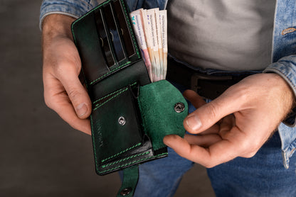 Personalized Mens Wallet,Bifold Green Leather Wallet, Vintage Look Wallet, Custom Engraved Wallet