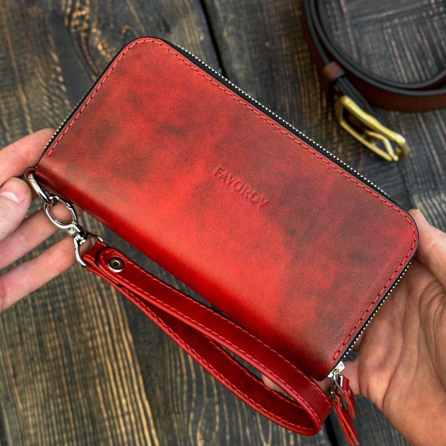 Personalized Red Leather Clutch, Full Grain Leather Clutch, women's leather wallet, Double Zipped wallet