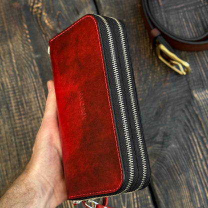Personalized Red Leather Clutch, Full Grain Leather Clutch, women's leather wallet, Double Zipped wallet